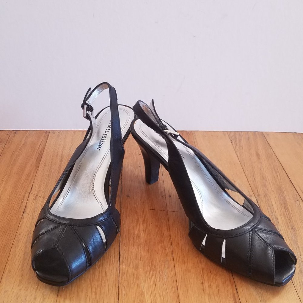 Naturalizer "Reunion" Black Leather Slingback Peep Toe Heels - Size 6.5M